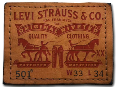A Levi's® leather patch featuring the Levi's® two-horse pull logo and information about the denim fit.