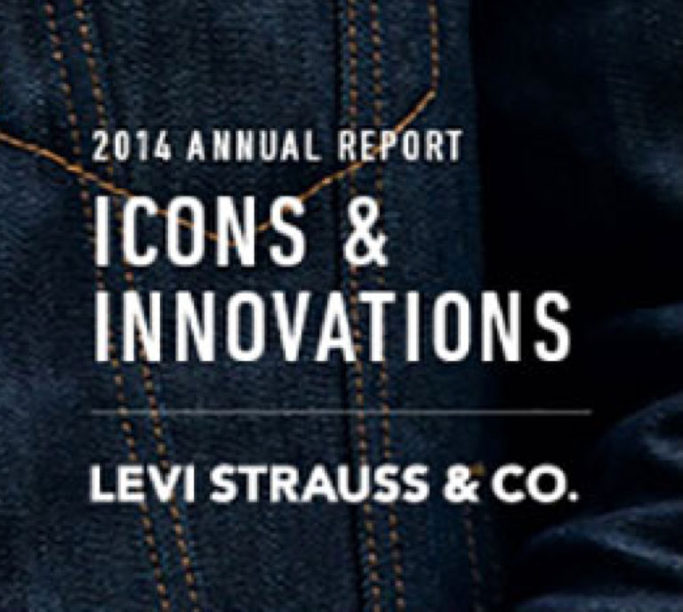 A denim background and white text reading "2014 Annual Report Icons & Innovations Levi Strauss & Co."