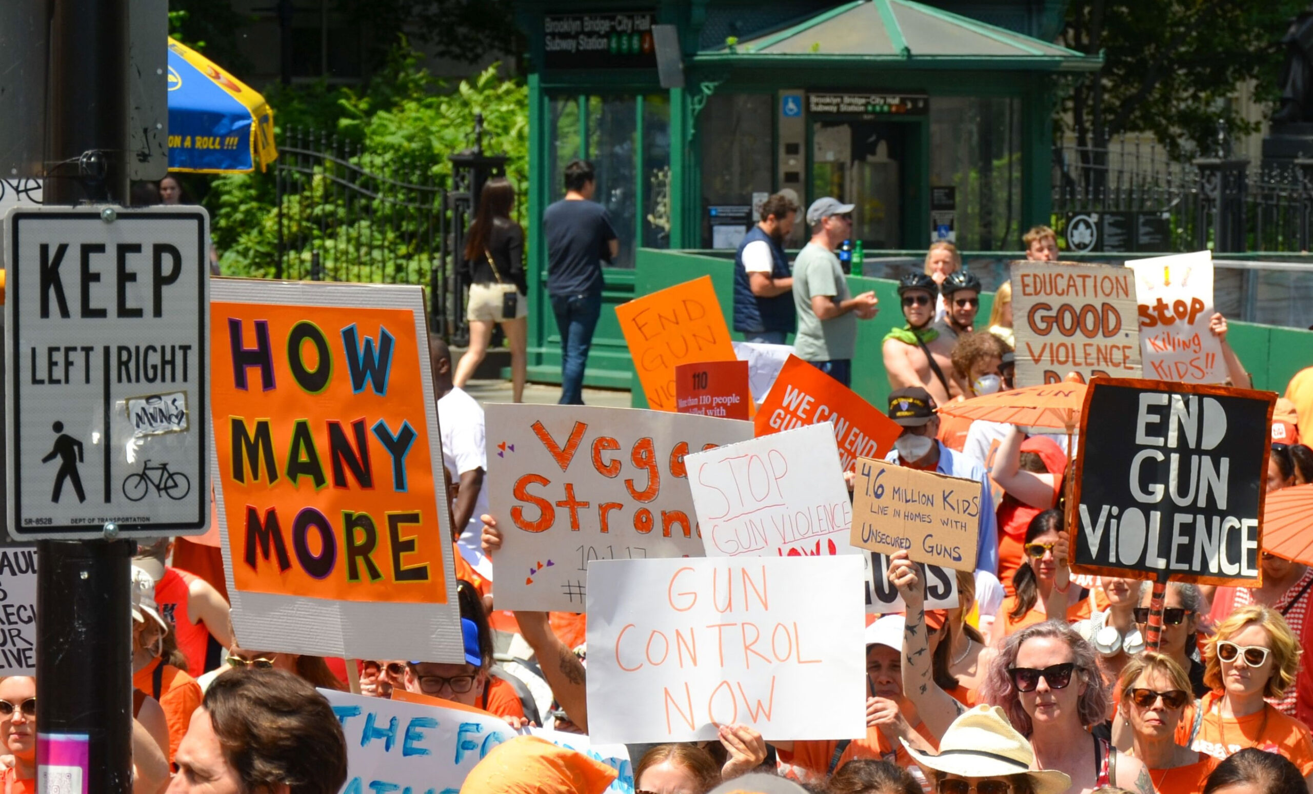 NEW, UNITED STATES - Jun 04, 2022: The New Yorkers protesting at the Brooklyn Bridge to support the survivors and gun violence prevention