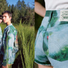 Left: two people pose in a field of tall grass wearing blue and green tie-dye-like items from the Levi's® x Princess Mononoke collaboration. Right: a close up of the back of someone wearing denim shorts with a green tie-dye pattern from the Levi's® x Princess Mononoke collaboration.