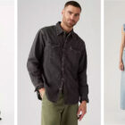 Left to right: a person stands in a white top and wide dark denim wash Levi's® jeans; a person stands in a long sleeve black denim Levi's® western shirt; a person stands in a light wash Levi's® denim vest and long denim skirt.