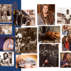 A collage of images from LS&Co. history, including employee portraits, product close-ups and historical images.