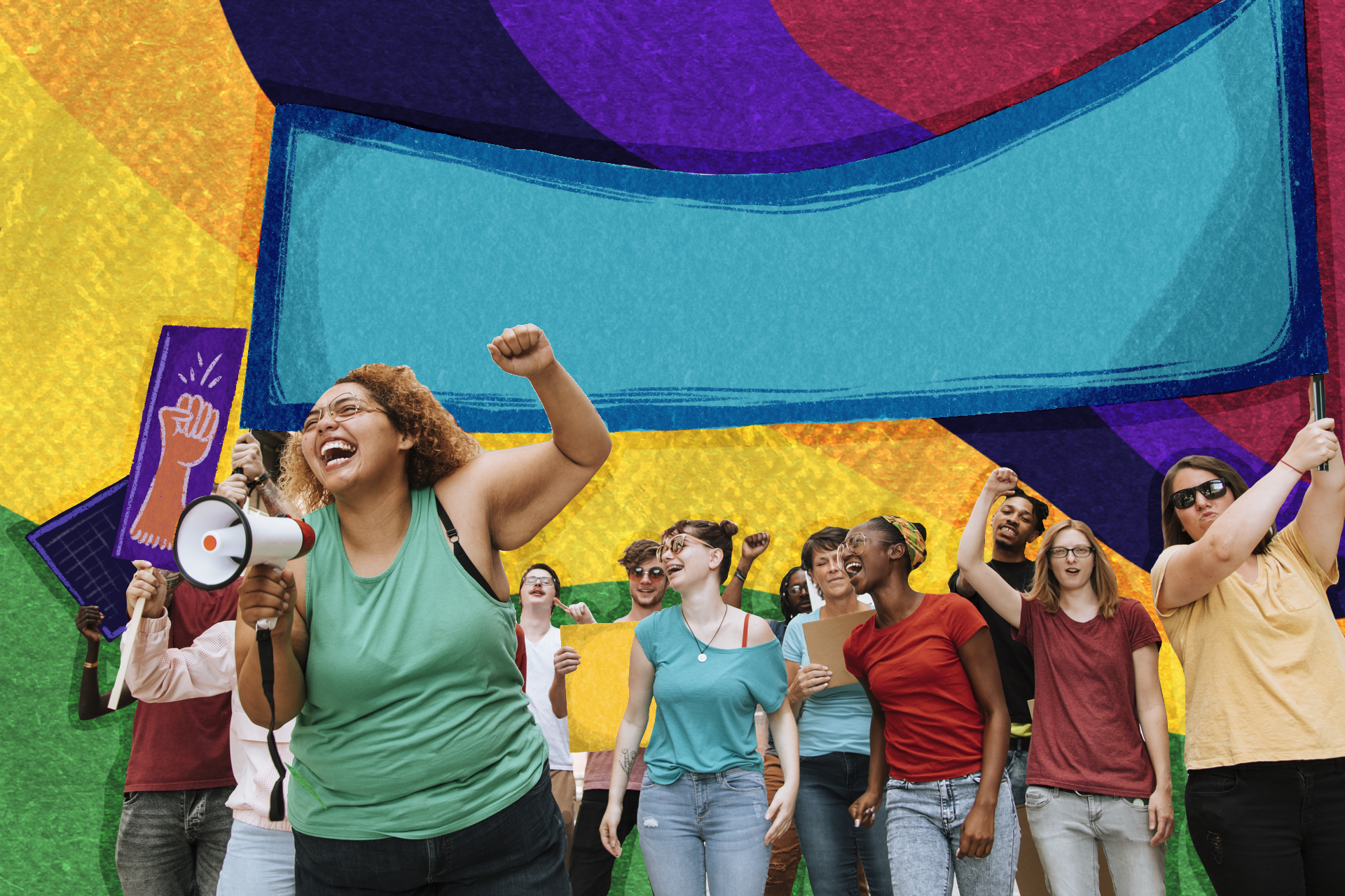 a collage of individuals smiling and cheering in front of a colorful background