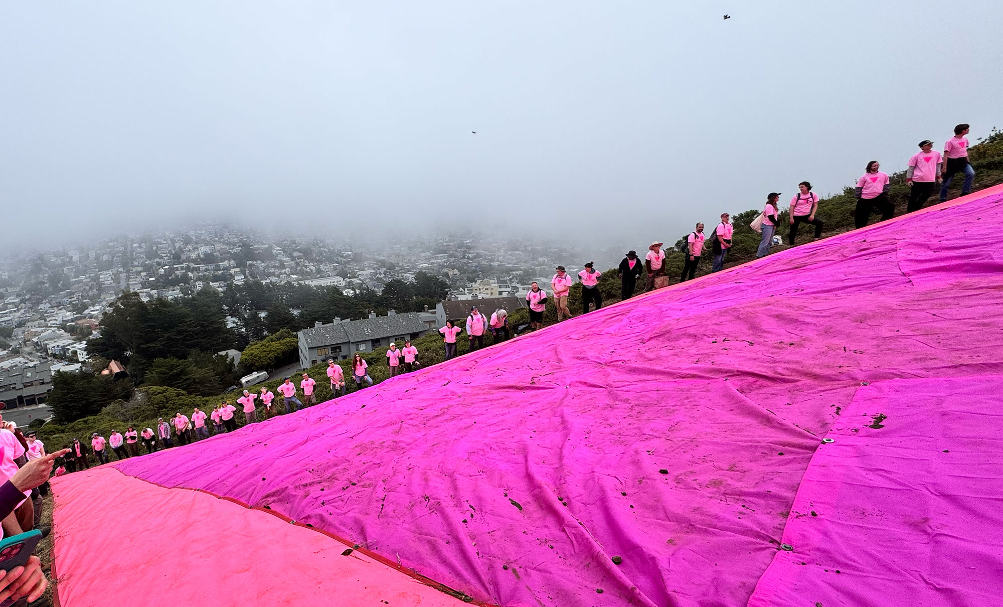 Volunteers in pink shirts set up the annual Pink Triangle installation on San Francisco's Twin Peaks in honor of Pride Month.