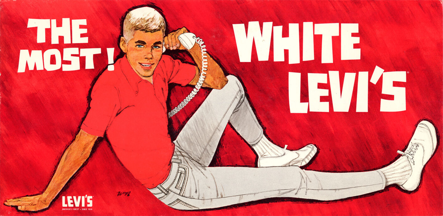 A vintage Levi's® ad features a drawing of a figure sitting on the floor holding a phone up to their ear against a read background, wearing a red shirt and white jeans Text reads "The most! White Levi's"