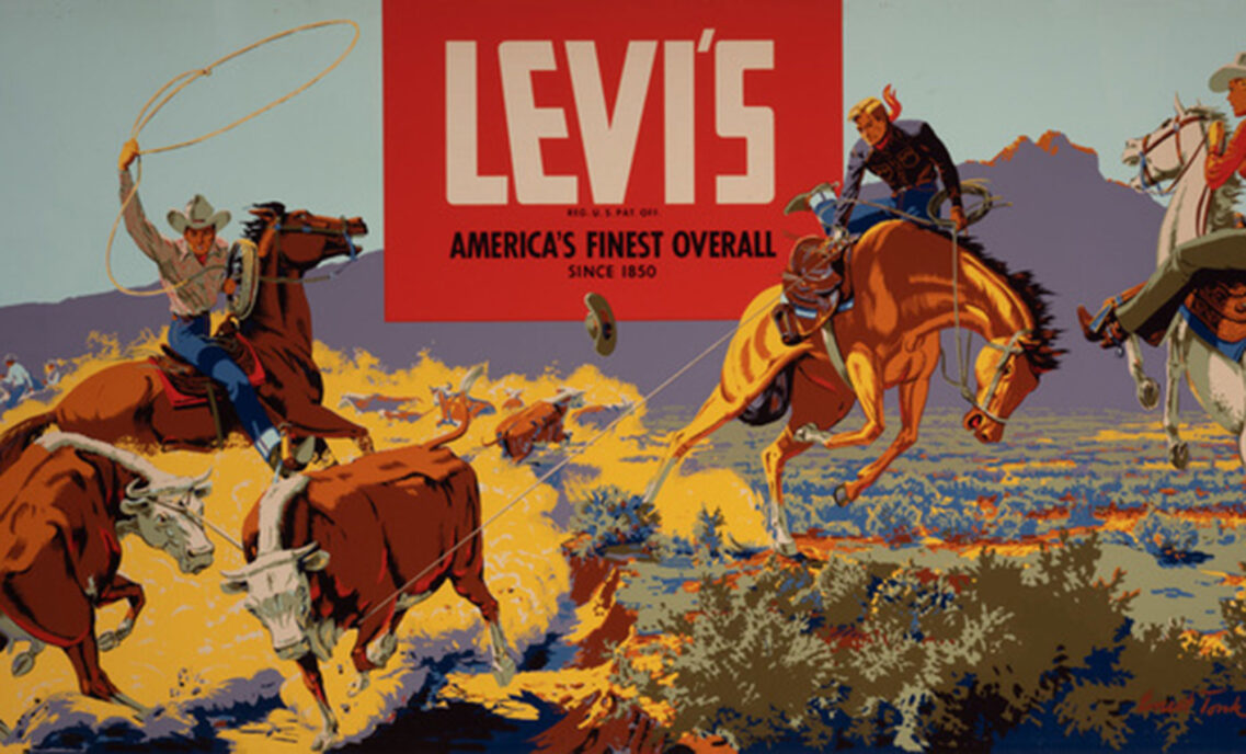 A vintage Levi's® advertisement featuring cartoon cowboys on horses and the text "Levi's America's finest overall"