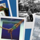 A collage of four polaroid frames featuring summer-related Levi's motifs on a blue background