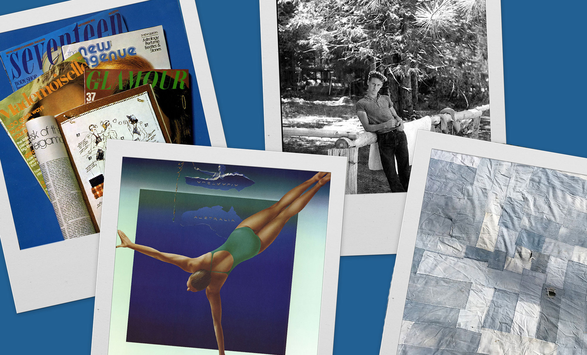 A collage of four polaroid frames featuring summer-related Levi's motifs on a blue background