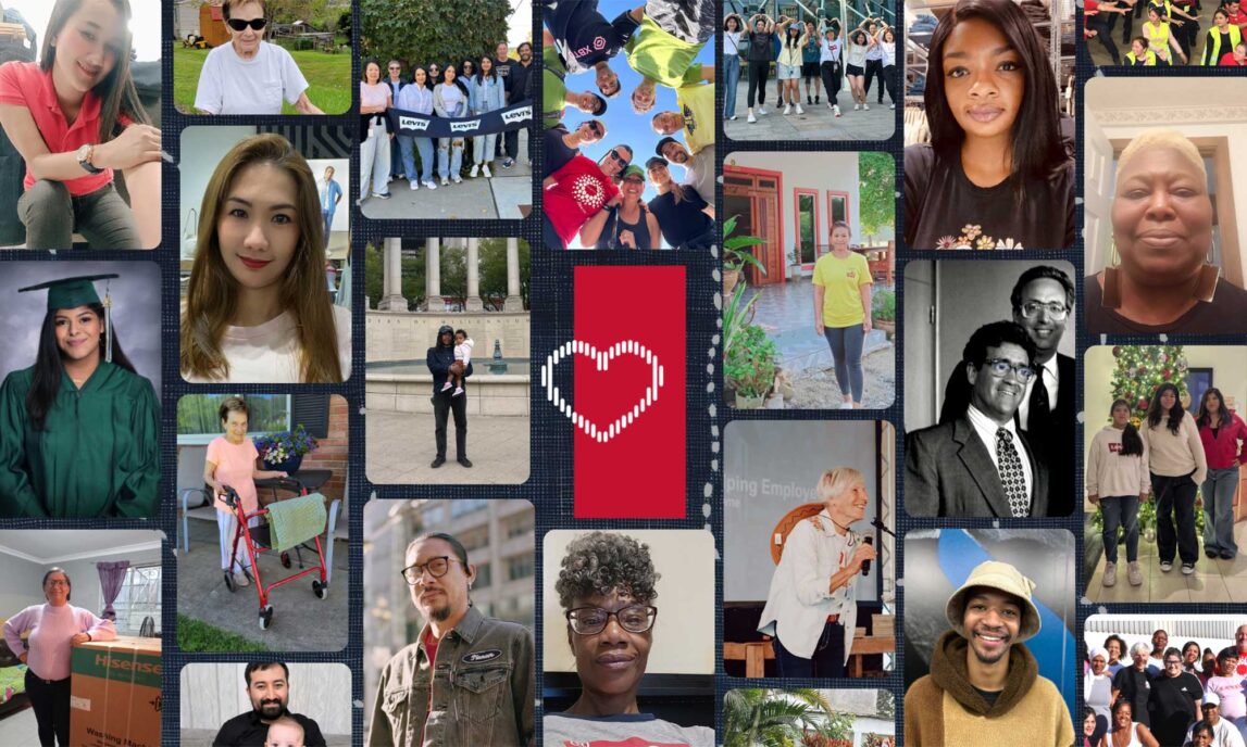 a collage of Levi Strauss & Co. employee photos featuring the Red Tab Foundation logo