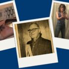Three polaroid photos overlaid on a blue background. The left photo is of a pair of old Levi's shoes, the middle is an old newspaper clipping of a man wearing glasses and the third is a woman talking a photo of herself in 501 jeans in a changing room