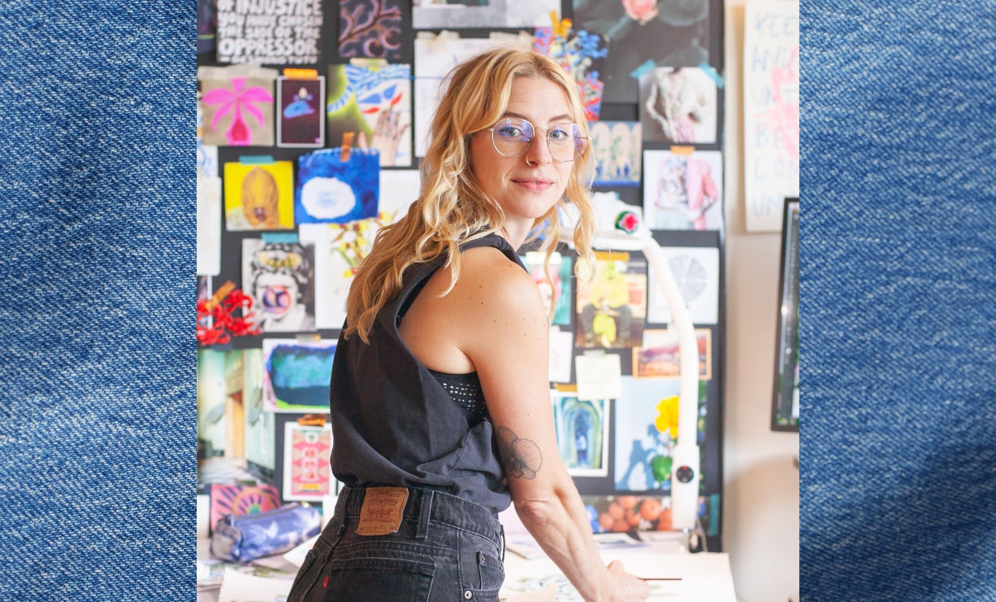 A photo of Holly Hapka wearing Levi's standing in front of a collage board looking over her shoulder. Behind the photo is a denim pattern background.