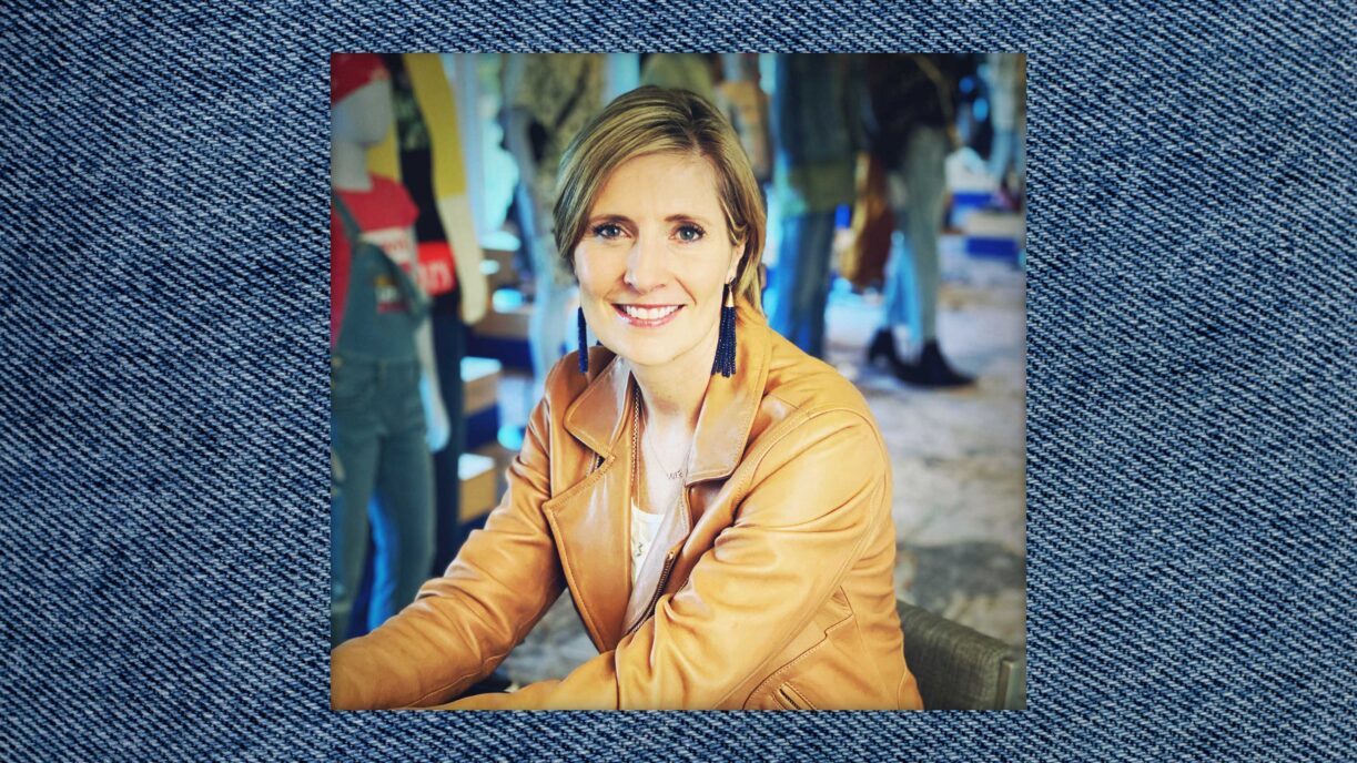 a headshot of LS&Co. SVP and chief communications officer Kelly McGinnis overlaid on top of a denim background