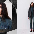 left: a photograph of a person from the torso up wearing a buttoned up Levi's® denim shirt. The photo is "taped" over a zoomed image of the person's jeans-clad legs. Right: a full body photo of the same person, wearing a black blazer over the Levi's® denim shirt, paired with Levi's® denim jeans and flats.