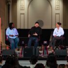 Kristin Juszczyk, designer and co-founder of Off Season (right), and Paul Dillinger, head of Global Design Innovation at Levi Strauss & Co. (middle), sit on stage next to a panel moderator (left) for a Levi's® Wear Longer Project workshop panel at Levi's® Home Turf.