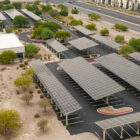 an aerial photo of the Levi's® Henderson distribution center parking lot, featuring solar panels